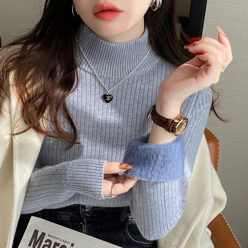 Women's Turtleneck Sweater with Lining Thickened Inner, Thermal Knitting Bottoming Shirt Pullovers