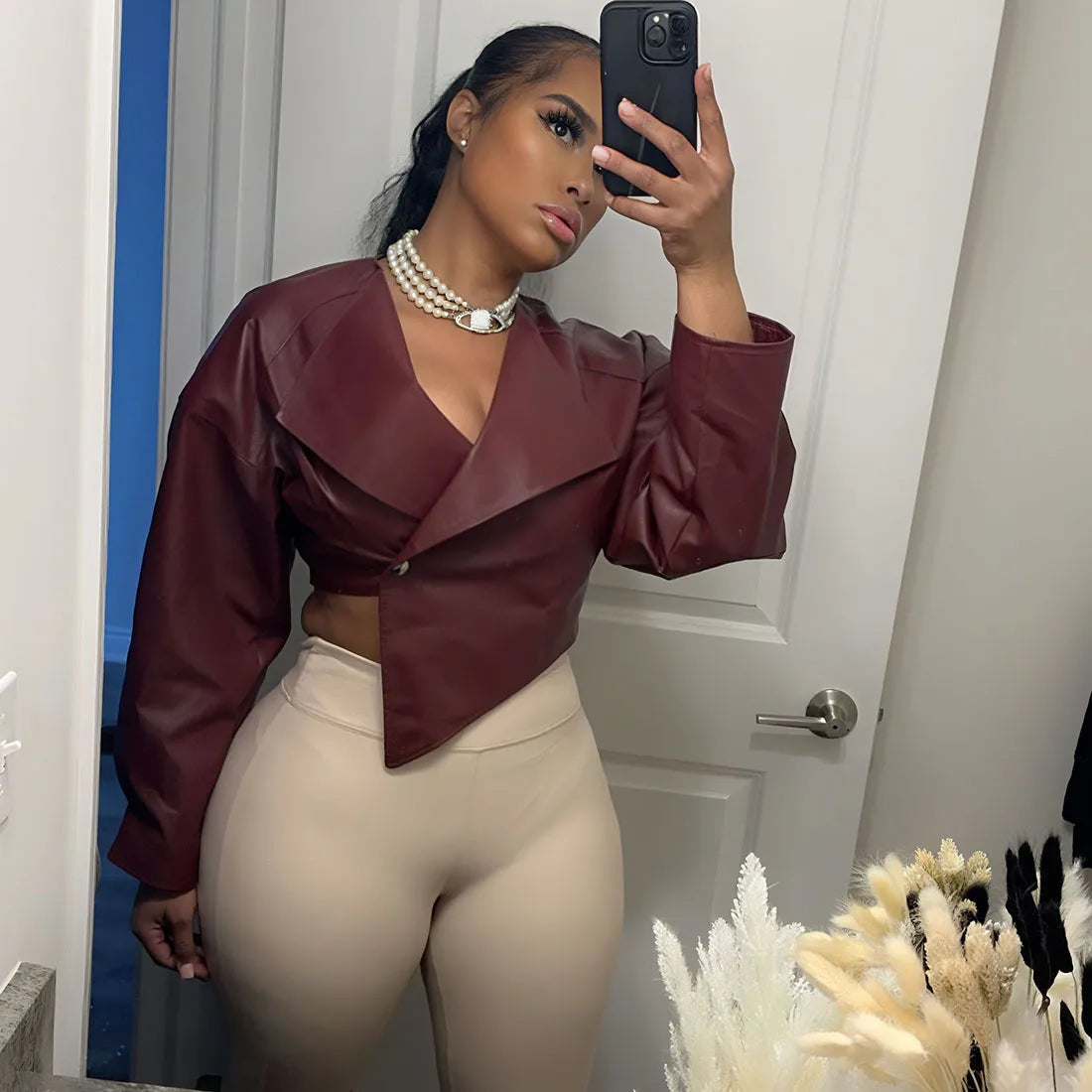 Burgundy PU Leather Cropped Coats / Jacket