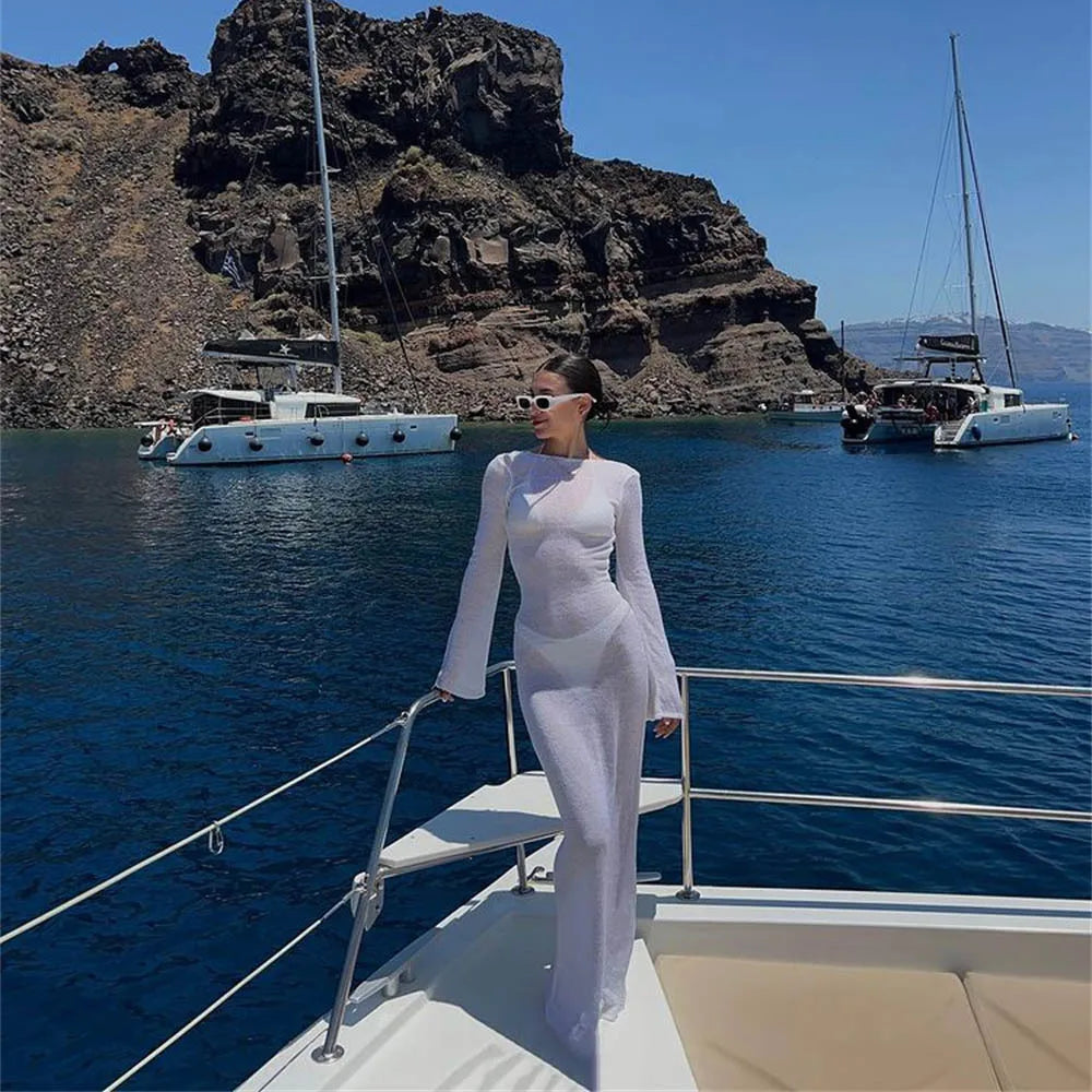 Long Sleeve Sexy Backless Maxi Dresses Cover-Ups Solid