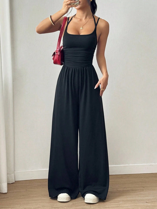 Women's Casual Pleated Loose Straight Leg Jumpsuit,