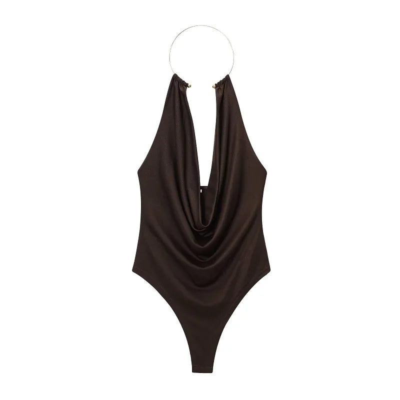 Sexy Bodysuit With Ring Halter Neck - Ruched Backless Bodysuits One Pieces