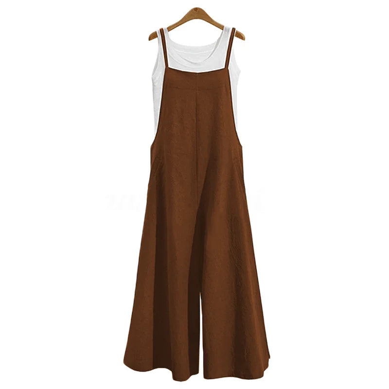 Women Straps Jumpsuit Solid Color Wide Leg Pants Overalls Casual Loose Sleeveless Cotton Linen Jumpsuits 5Xl