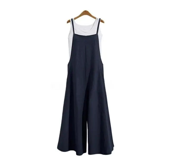 Women Straps Jumpsuit Solid Color Wide Leg Pants Overalls Casual Loose Sleeveless Cotton Linen Jumpsuits 5Xl