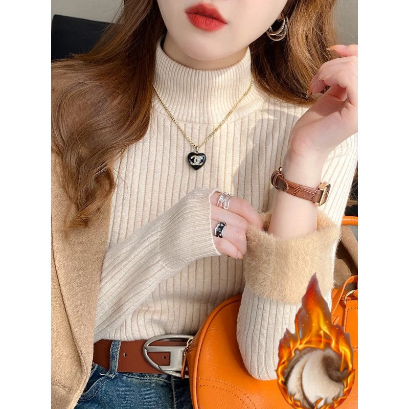 Women's Turtleneck Sweater with Lining Thickened Inner, Thermal Knitting Bottoming Shirt Pullovers
