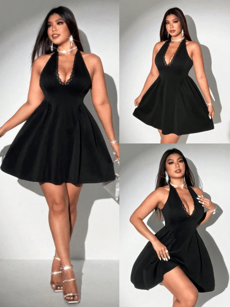 Plus - Size V-Neck Lace Trim Sleeveless Dress with Puffy Skirt