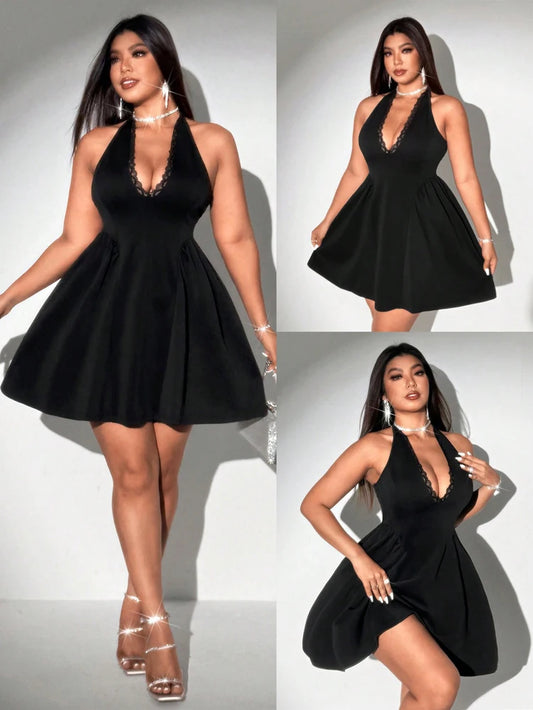Plus - Size V-Neck Lace Trim Sleeveless Dress with Puffy Skirt
