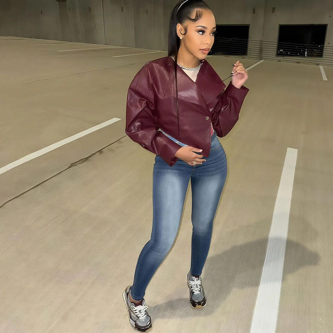 Burgundy PU Leather Cropped Coats / Jacket