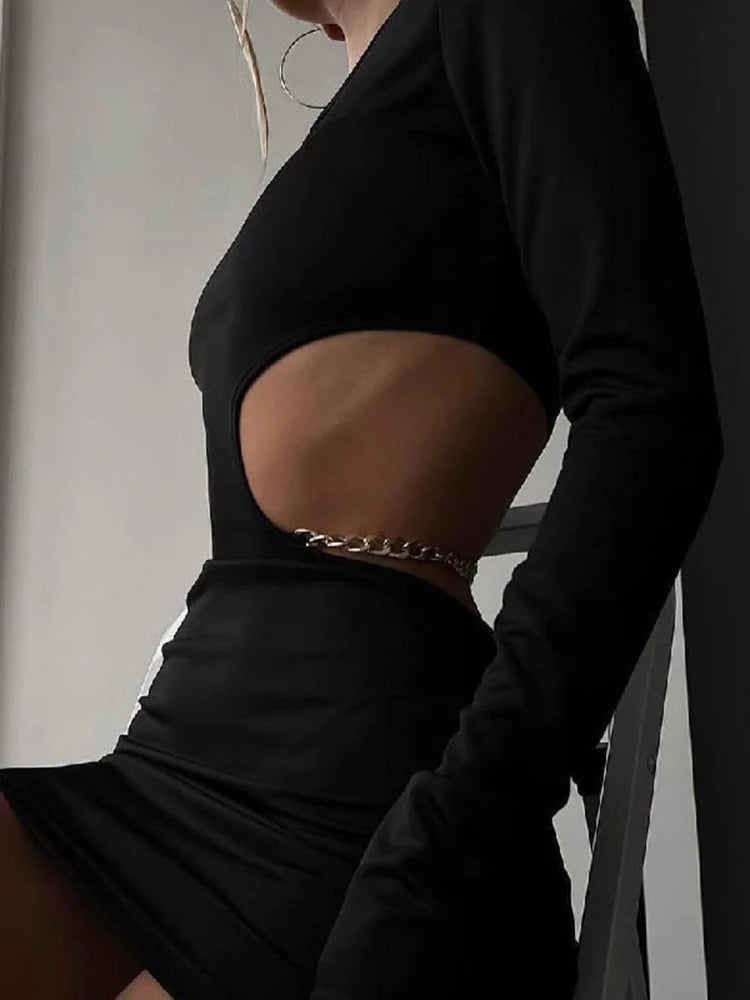 Cut Out Chain Mini Dress Casual Long Sleeve Bodycon Dress