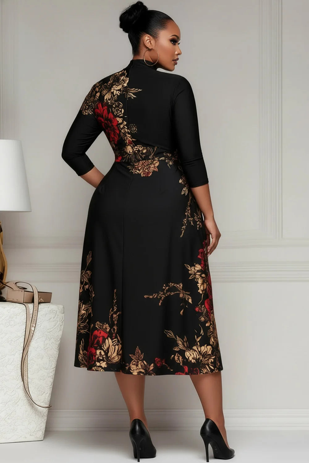 Plus Size Black Floral Round Neck Long Sleeve Pocket Elegant Midi Dresses