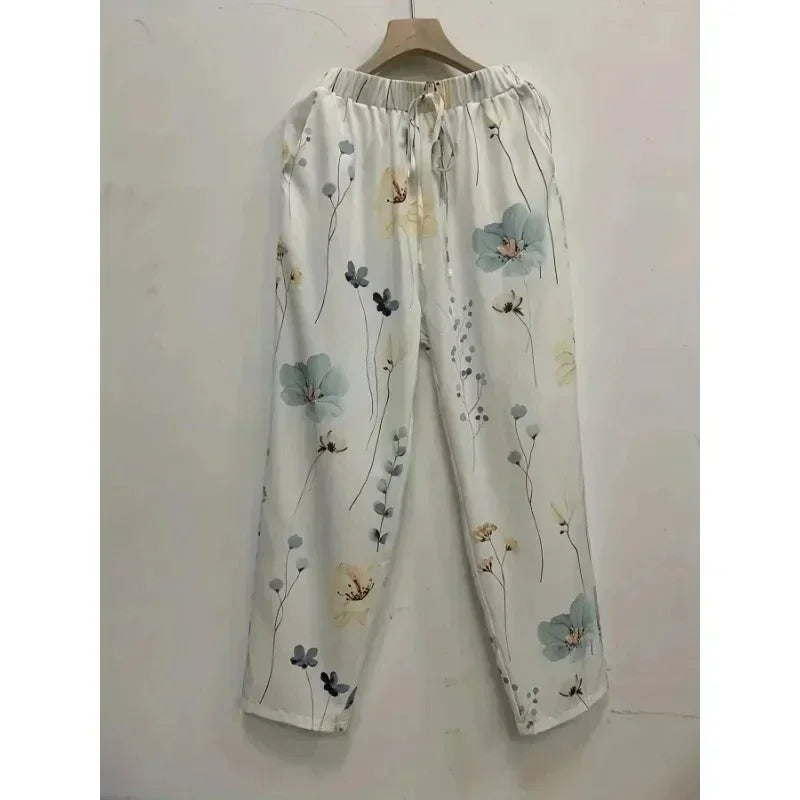 Plus Size 1XL-5XL  Women's Fashion Floral Print Straight Elastic Drawstring Pocket Pants