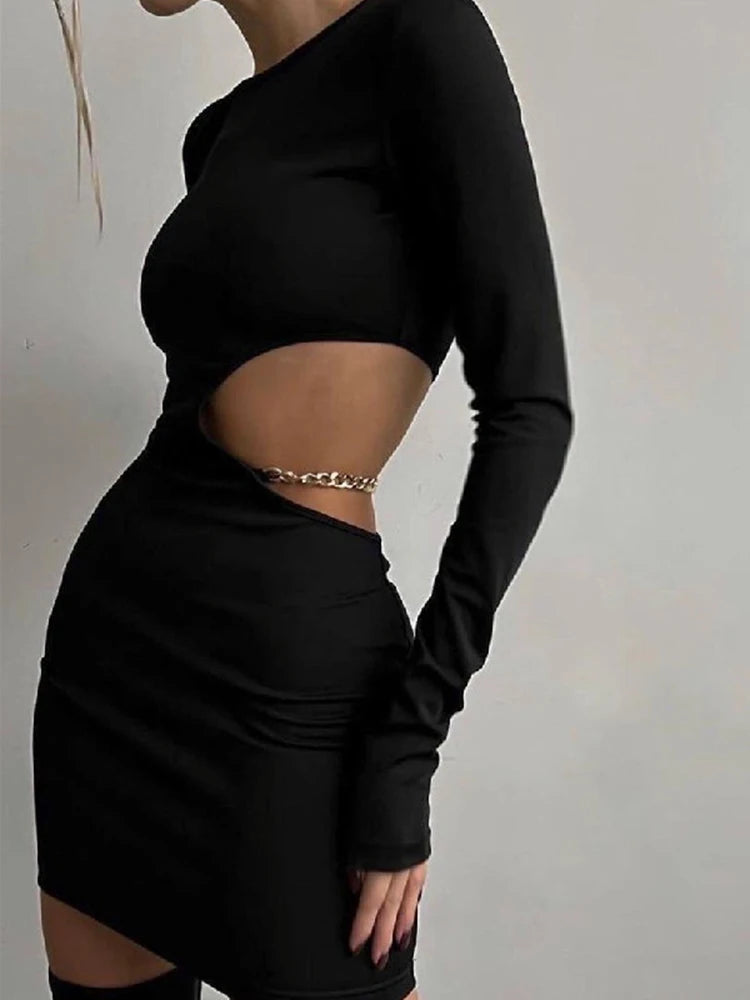 Cut Out Chain Mini Dress Casual Long Sleeve Bodycon Dress