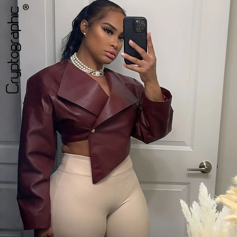 Burgundy PU Leather Cropped Coats / Jacket