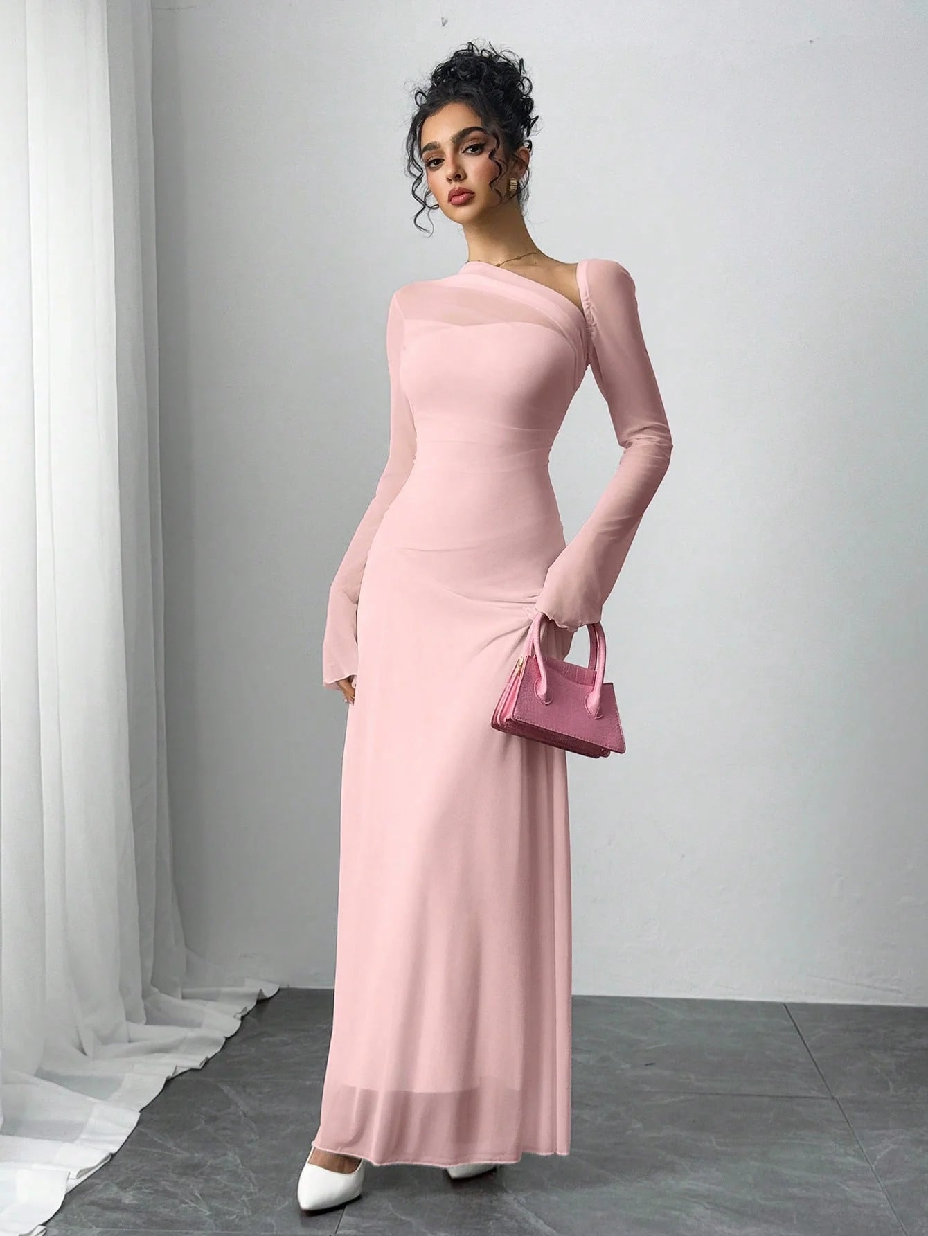 Women's pink irregular diagonal shoulder long dress