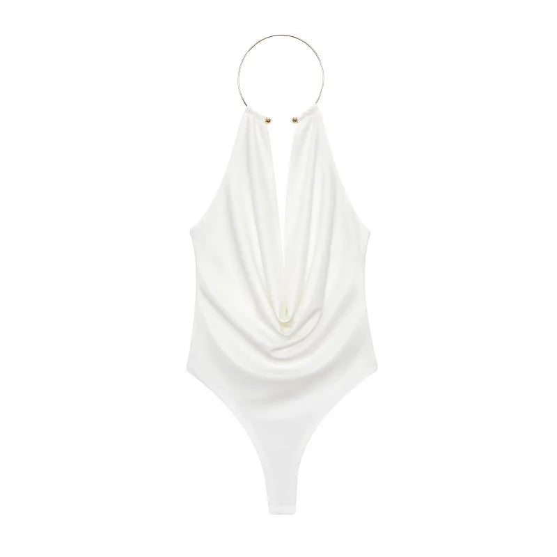 Sexy Bodysuit With Ring Halter Neck - Ruched Backless Bodysuits One Pieces