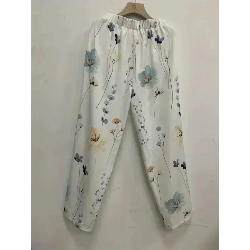 Plus Size 1XL-5XL  Women's Fashion Floral Print Straight Elastic Drawstring Pocket Pants
