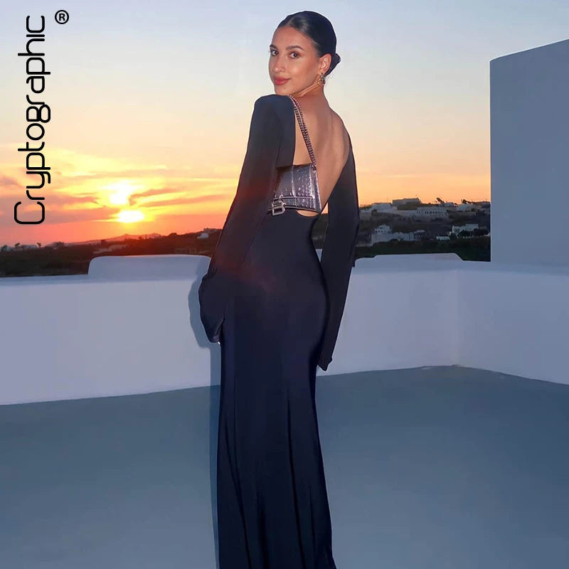 Long Sleeve Sexy Backless Maxi Dresses Cover-Ups Solid