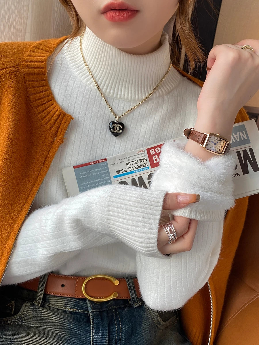 Women's Turtleneck Sweater with Lining Thickened Inner, Thermal Knitting Bottoming Shirt Pullovers