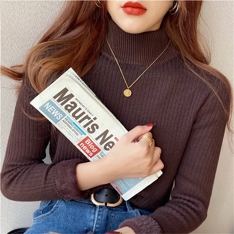 Women's Turtleneck Sweater with Lining Thickened Inner, Thermal Knitting Bottoming Shirt Pullovers