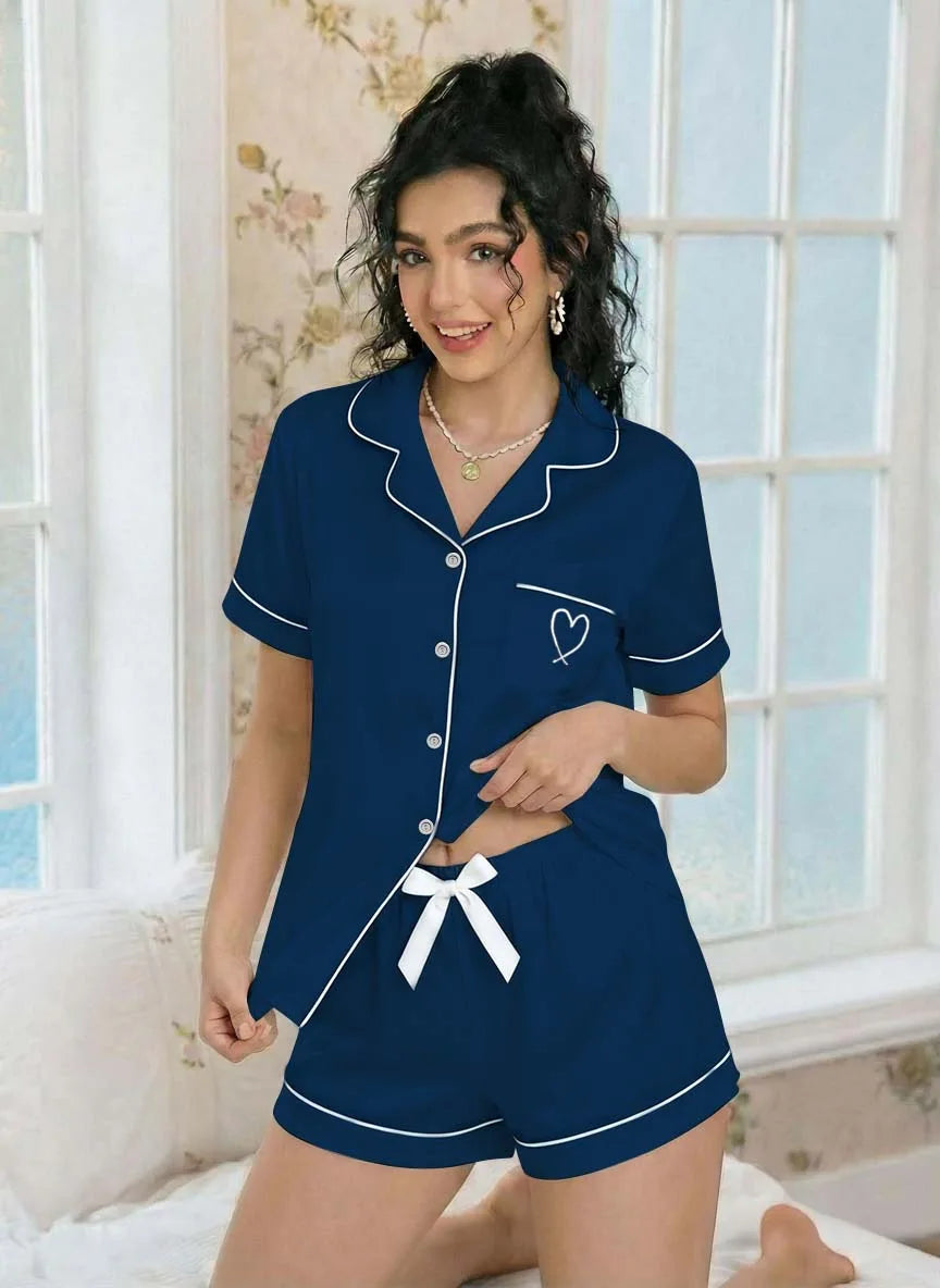 Pajama Casual Set Heart Embroidered --Top and Shorts