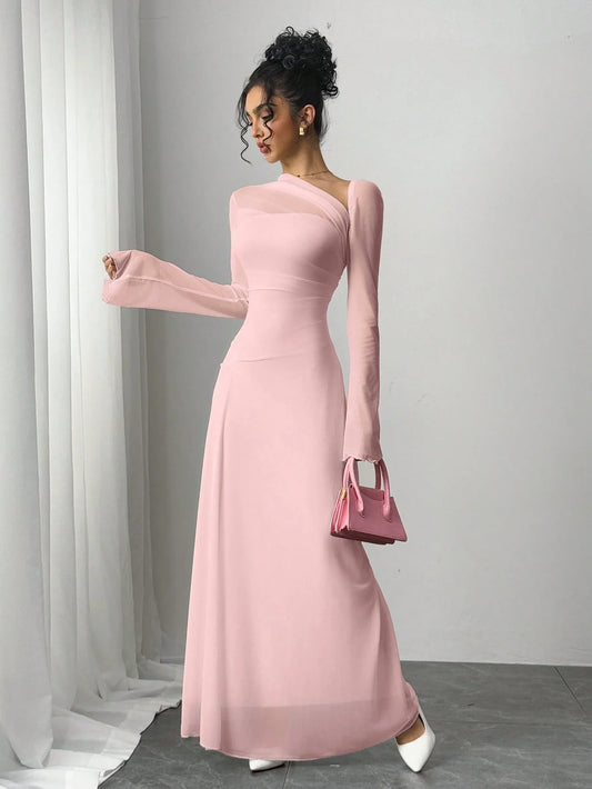 Women's pink irregular diagonal shoulder long dress