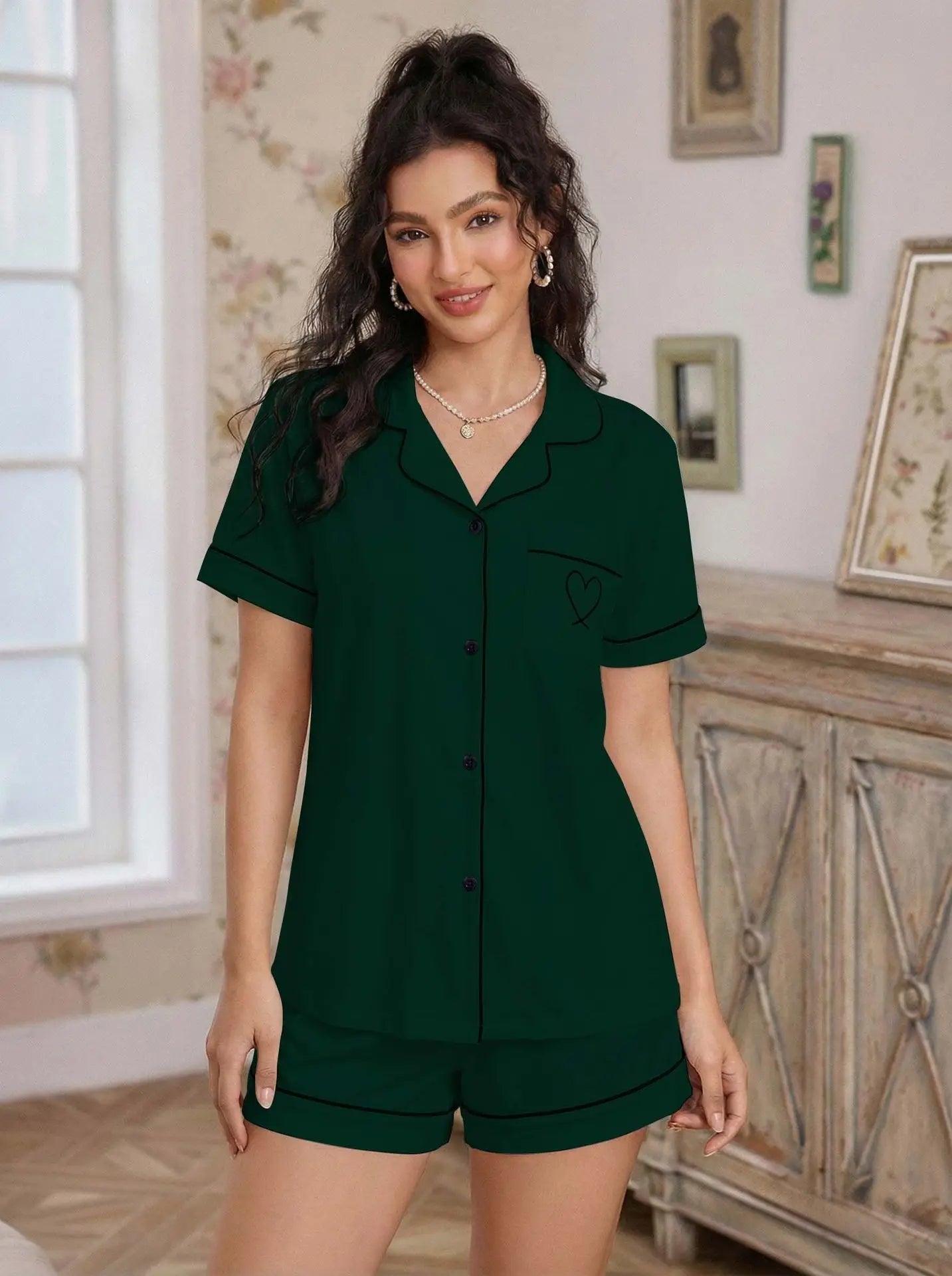 Pajama Casual Set Heart Embroidered --Top and Shorts