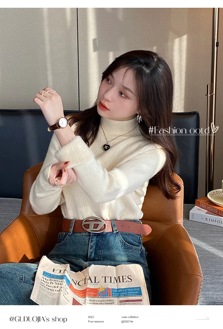 Women's Turtleneck Sweater with Lining Thickened Inner, Thermal Knitting Bottoming Shirt Pullovers