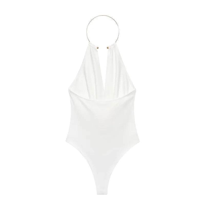 Sexy Bodysuit With Ring Halter Neck - Ruched Backless Bodysuits One Pieces