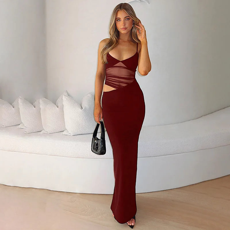 Mesh Sheer Slip Maxi Dress Sleeveless Cut Out V Neck Split Dresses