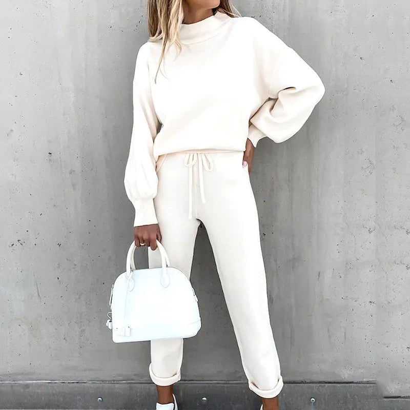 Winter Women's Sweater High Collar Casual Pure Color Trousers Two-piece Set