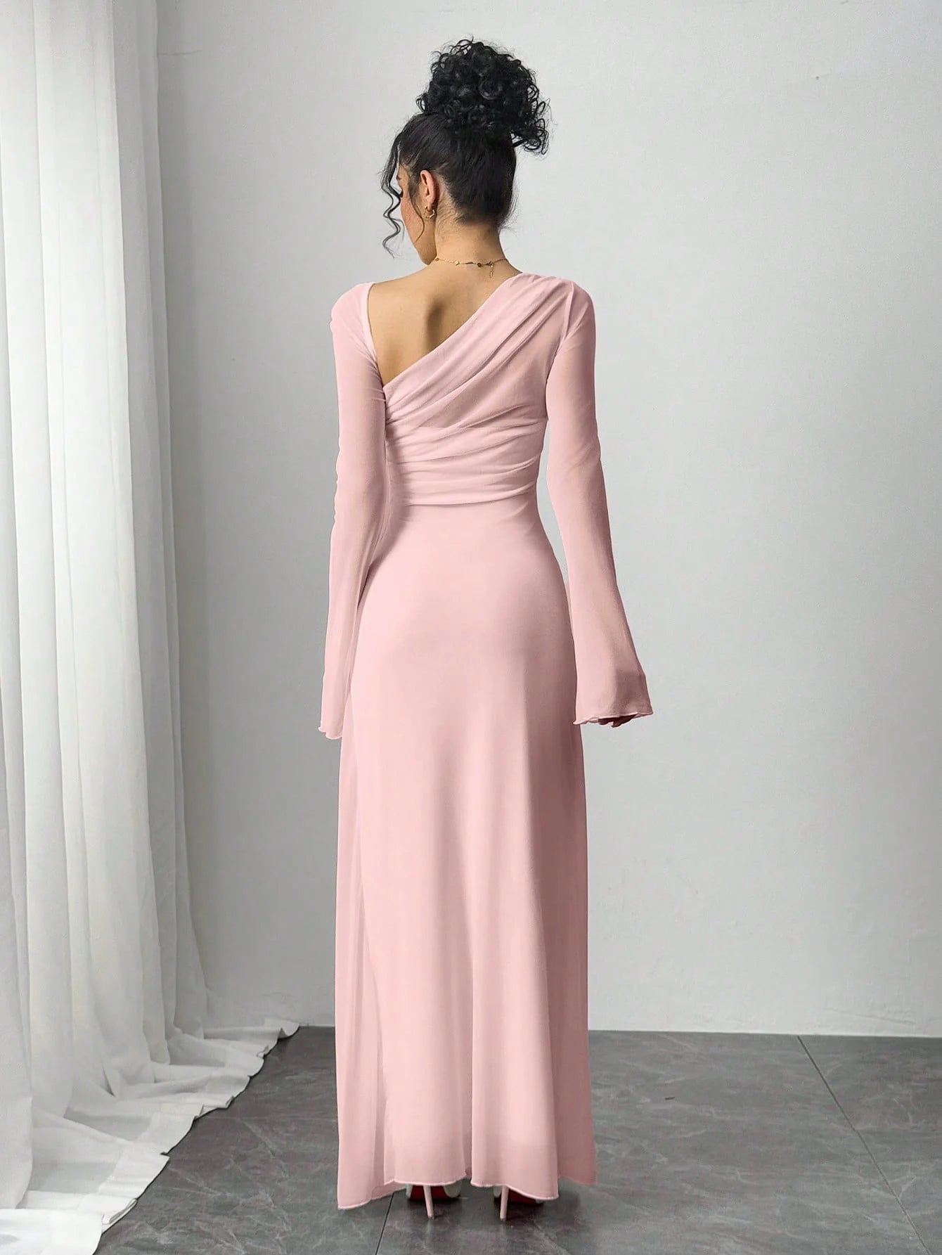 Women's pink irregular diagonal shoulder long dress