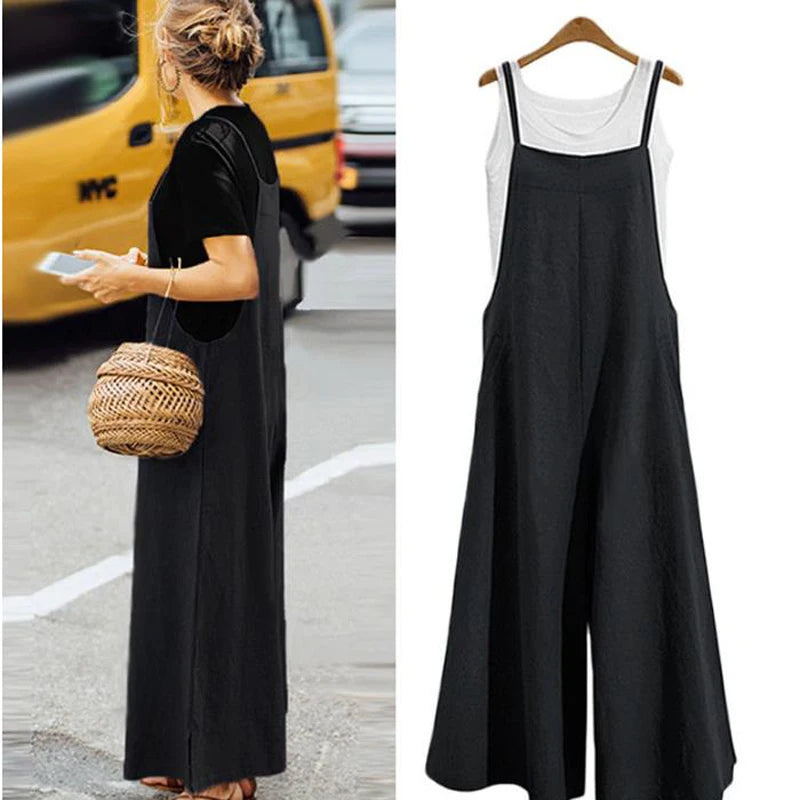 Women Straps Jumpsuit Solid Color Wide Leg Pants Overalls Casual Loose Sleeveless Cotton Linen Jumpsuits 5Xl