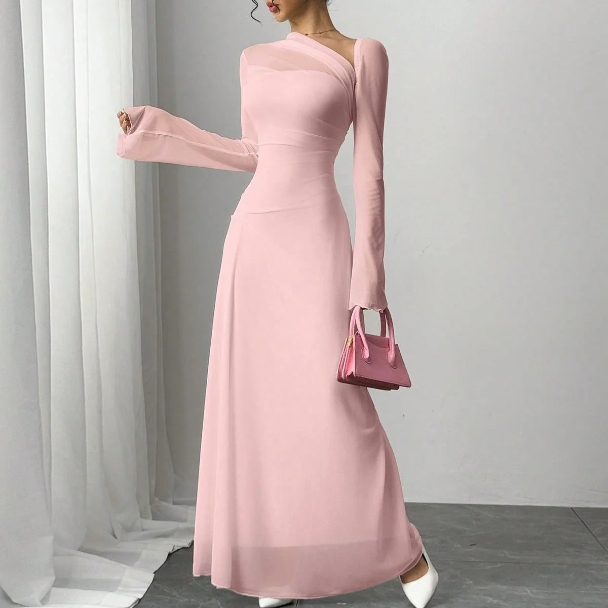 Women's pink irregular diagonal shoulder long dress