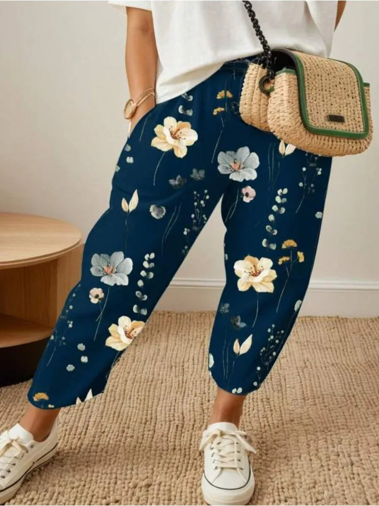 Plus Size 1XL-5XL  Women's Fashion Floral Print Straight Elastic Drawstring Pocket Pants