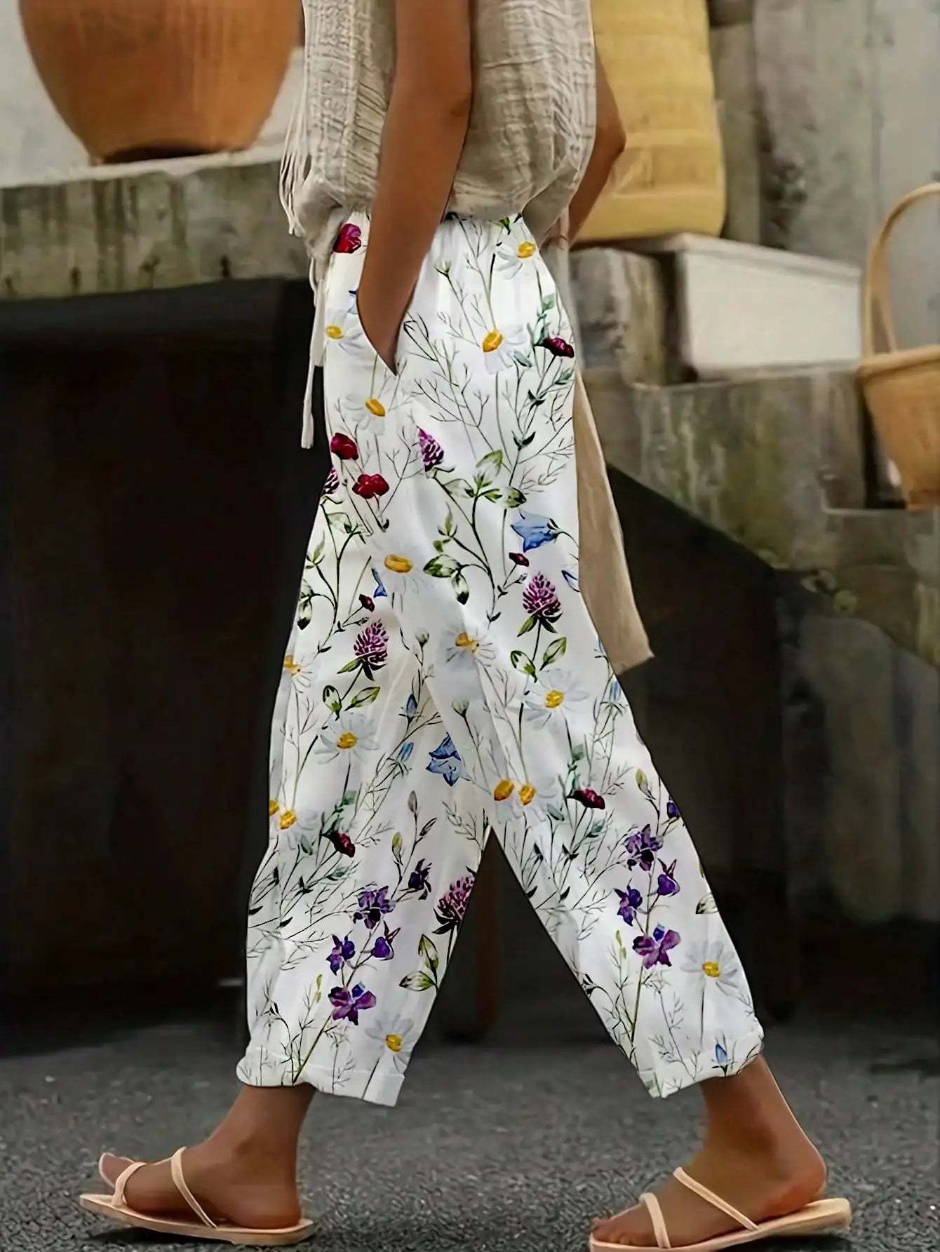 Plus Size 1XL-5XL  Women's Fashion Floral Print Straight Elastic Drawstring Pocket Pants