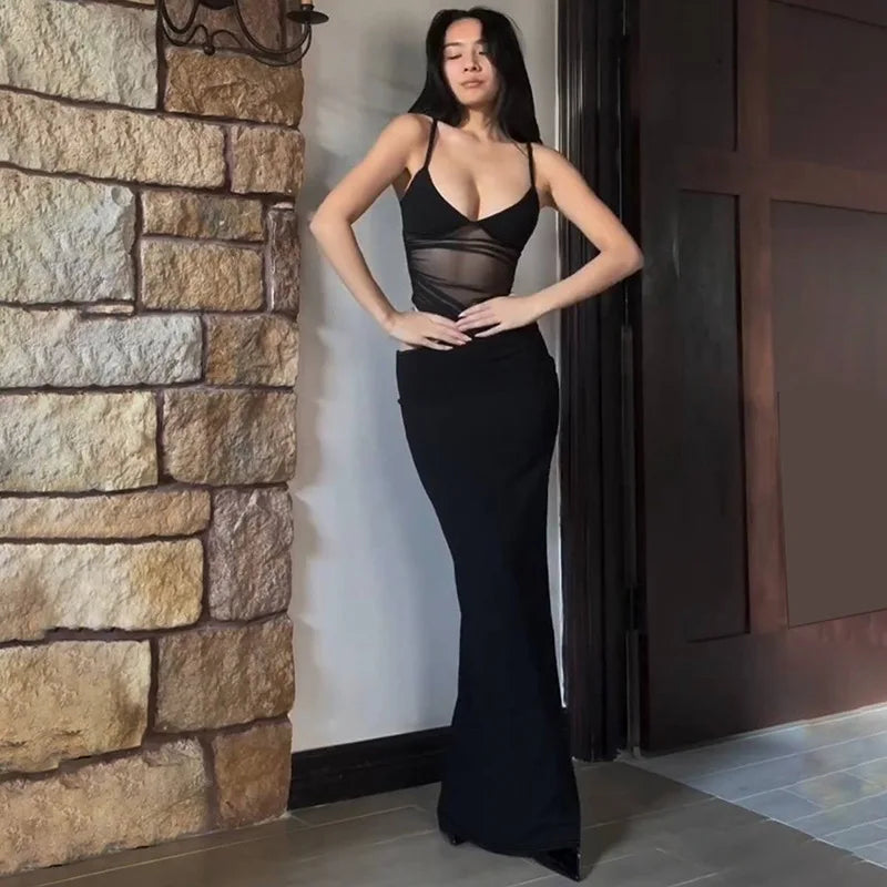 Mesh Sheer Slip Maxi Dress Sleeveless Cut Out V Neck Split Dresses