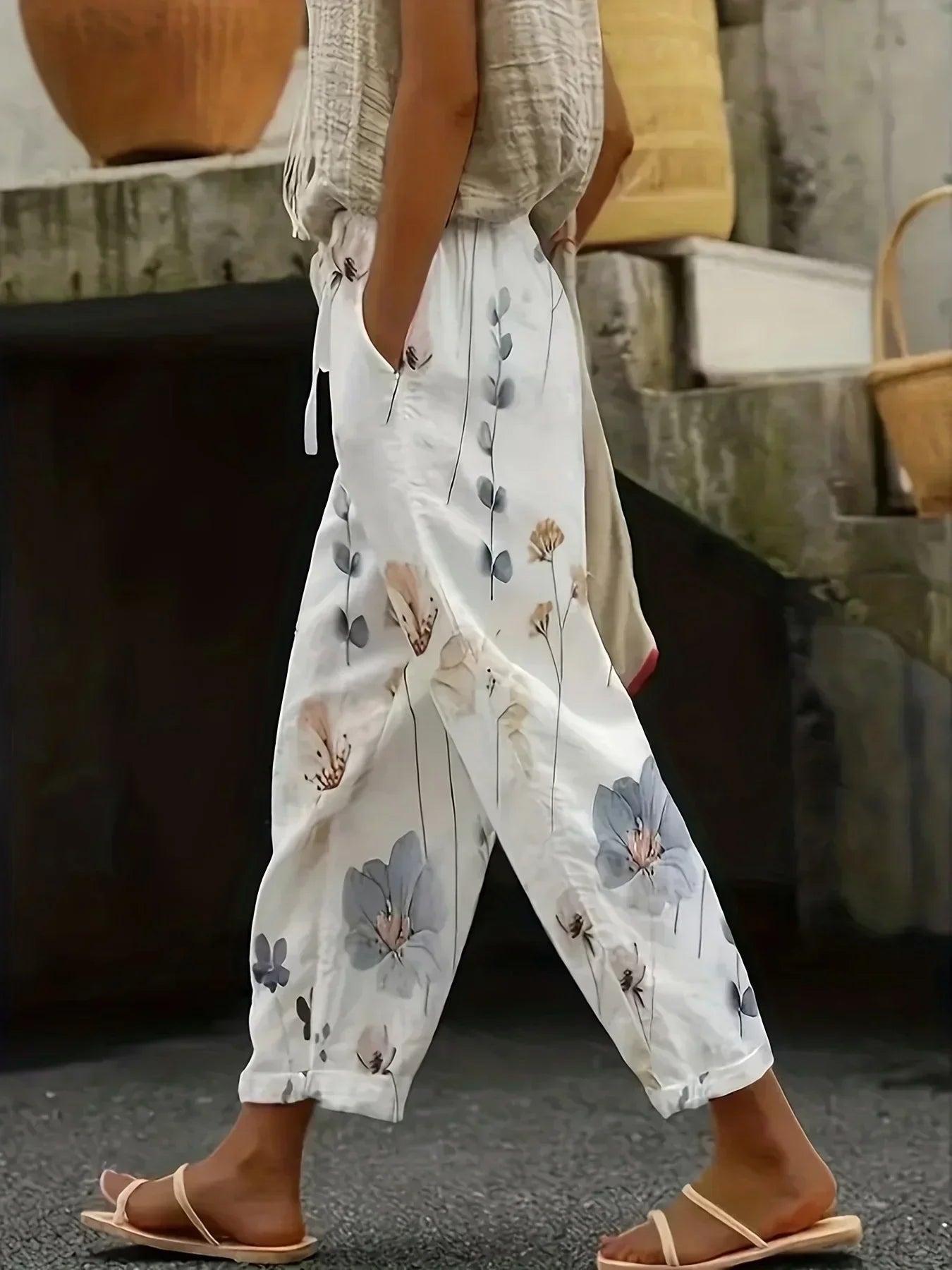 Plus Size 1XL-5XL  Women's Fashion Floral Print Straight Elastic Drawstring Pocket Pants