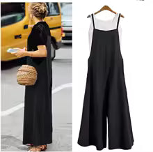 Women Straps Jumpsuit Solid Color Wide Leg Pants Overalls Casual Loose Sleeveless Cotton Linen Jumpsuits 5Xl