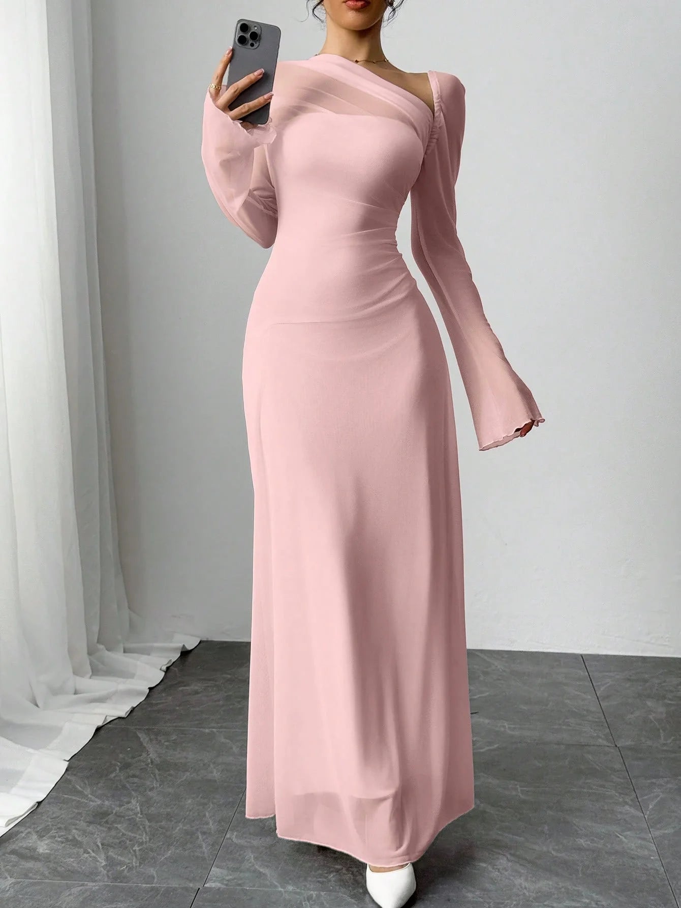 Women's pink irregular diagonal shoulder long dress