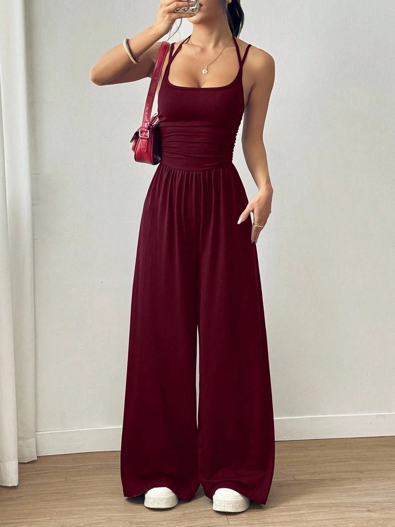 Women's Casual Pleated Loose Straight Leg Jumpsuit,