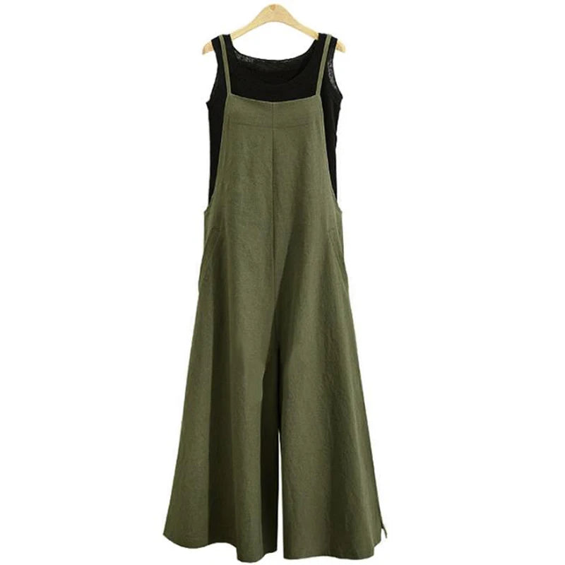 Women Straps Jumpsuit Solid Color Wide Leg Pants Overalls Casual Loose Sleeveless Cotton Linen Jumpsuits 5Xl