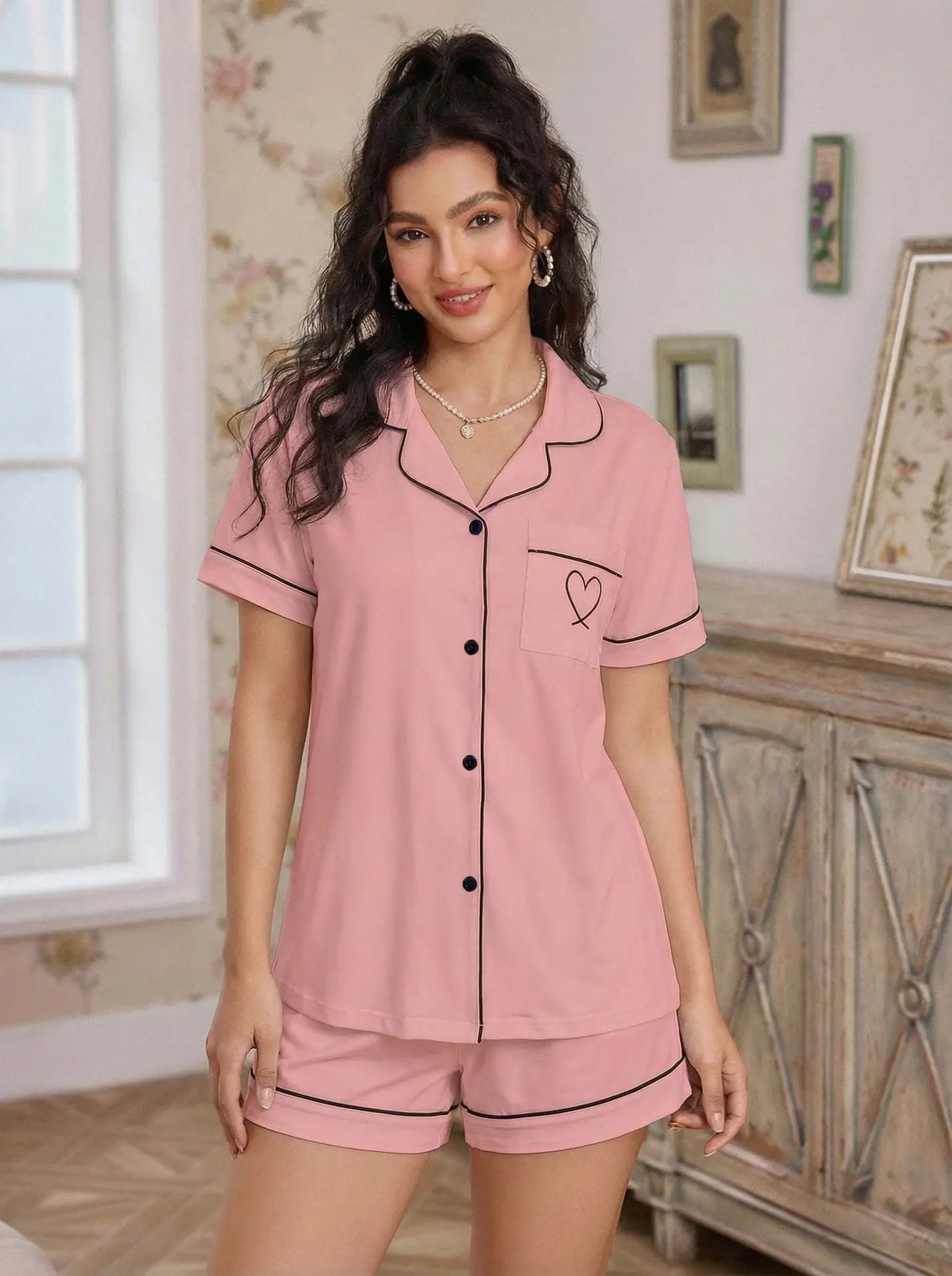 Pajama Casual Set Heart Embroidered --Top and Shorts