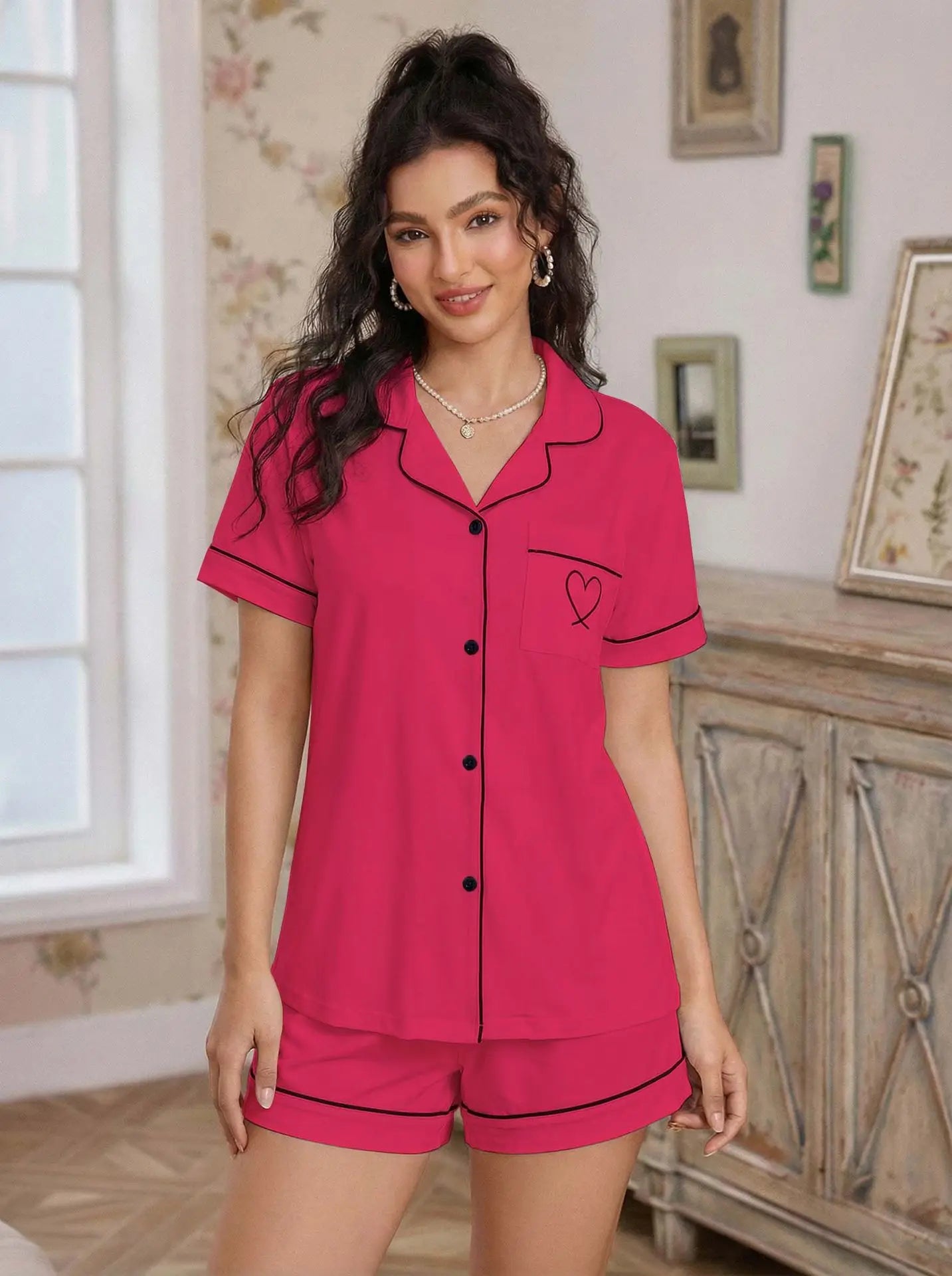 Pajama Casual Set Heart Embroidered --Top and Shorts