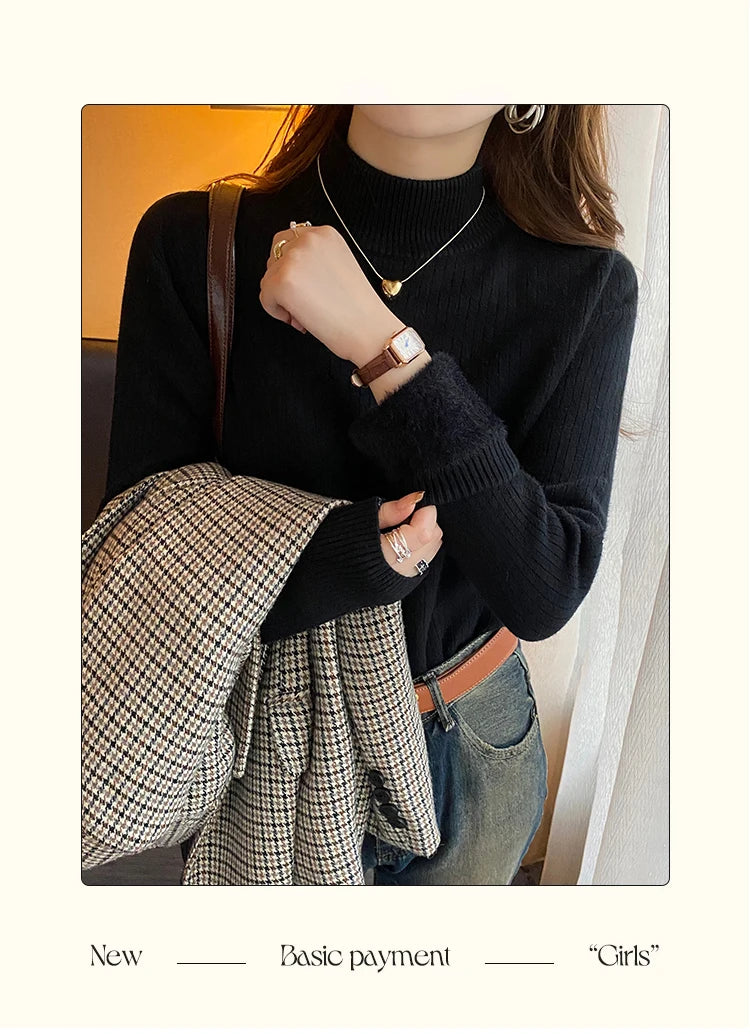 Women's Turtleneck Sweater with Lining Thickened Inner, Thermal Knitting Bottoming Shirt Pullovers