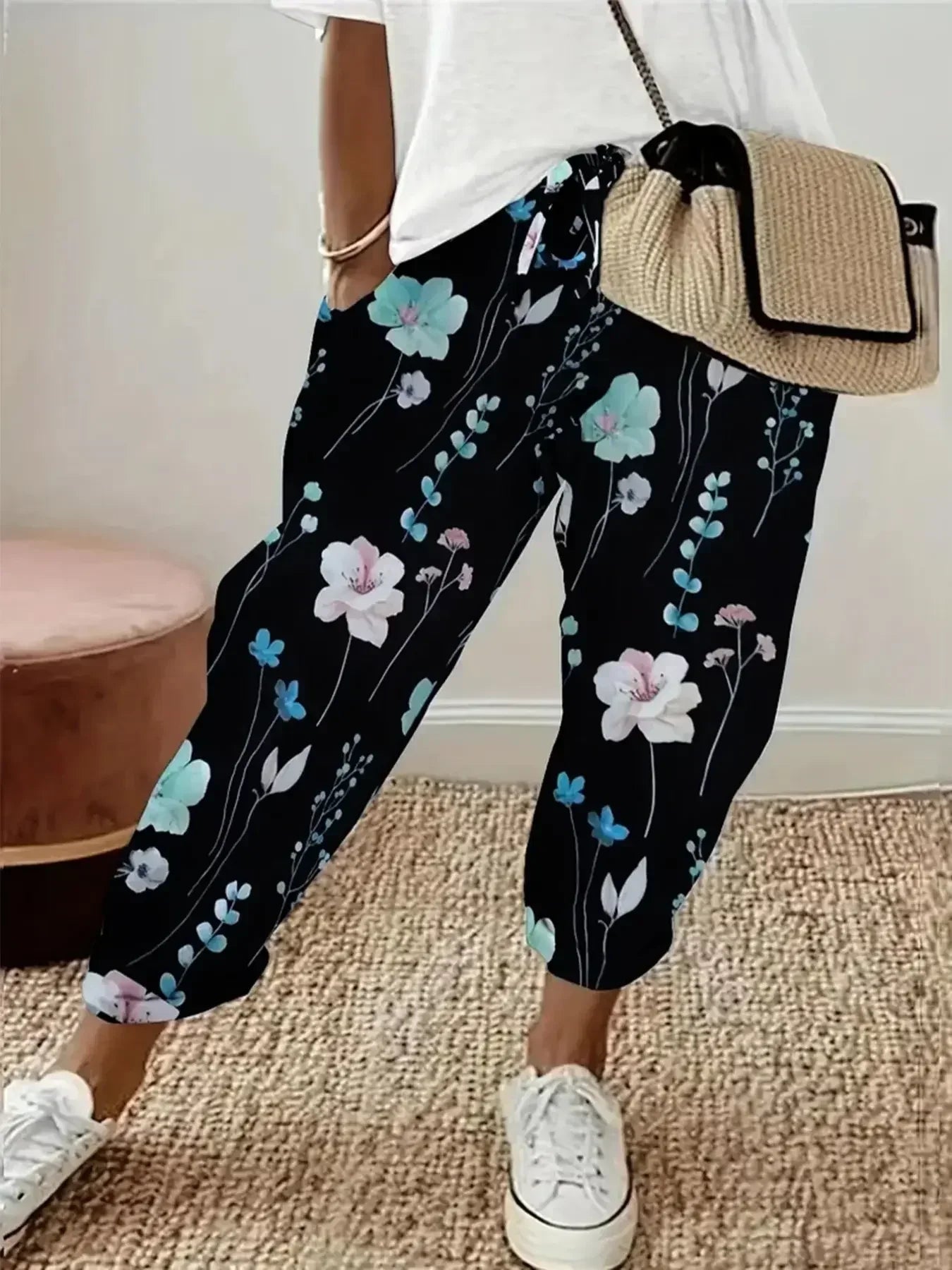 Plus Size 1XL-5XL  Women's Fashion Floral Print Straight Elastic Drawstring Pocket Pants