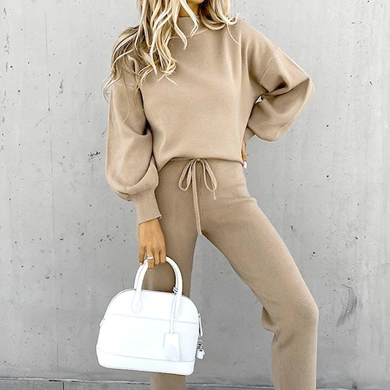 Winter Women's Sweater High Collar Casual Pure Color Trousers Two-piece Set