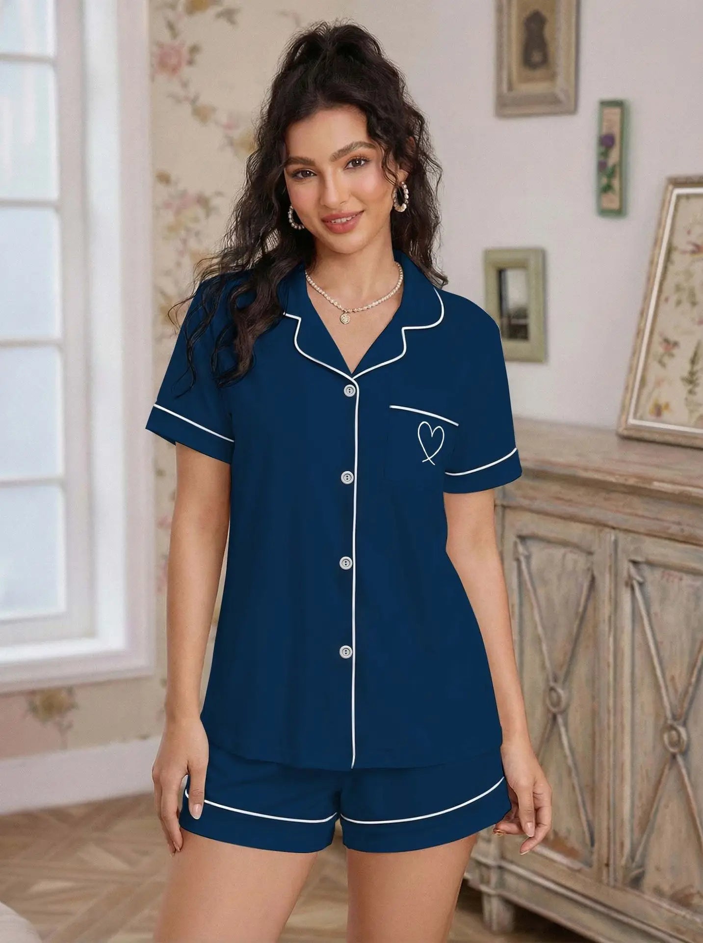 Pajama Casual Set Heart Embroidered --Top and Shorts