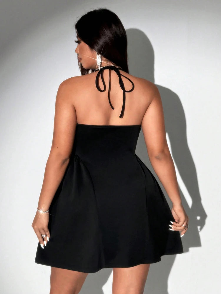 Plus - Size V-Neck Lace Trim Sleeveless Dress with Puffy Skirt