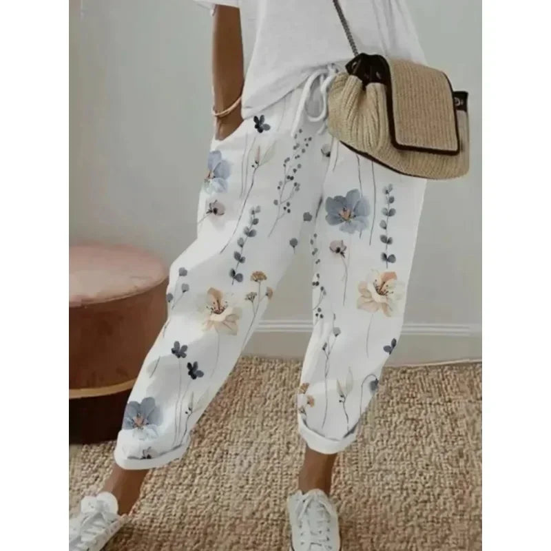 Plus Size 1XL-5XL  Women's Fashion Floral Print Straight Elastic Drawstring Pocket Pants
