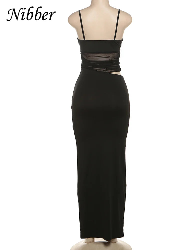 Nibber Mesh Dress Women Sexy Backless Sleeveless Skinny Stretch Elegant Maxi Bodycon